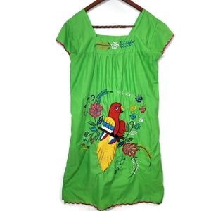 Costa Rican embroidered parrot dress. Green red yellow pink